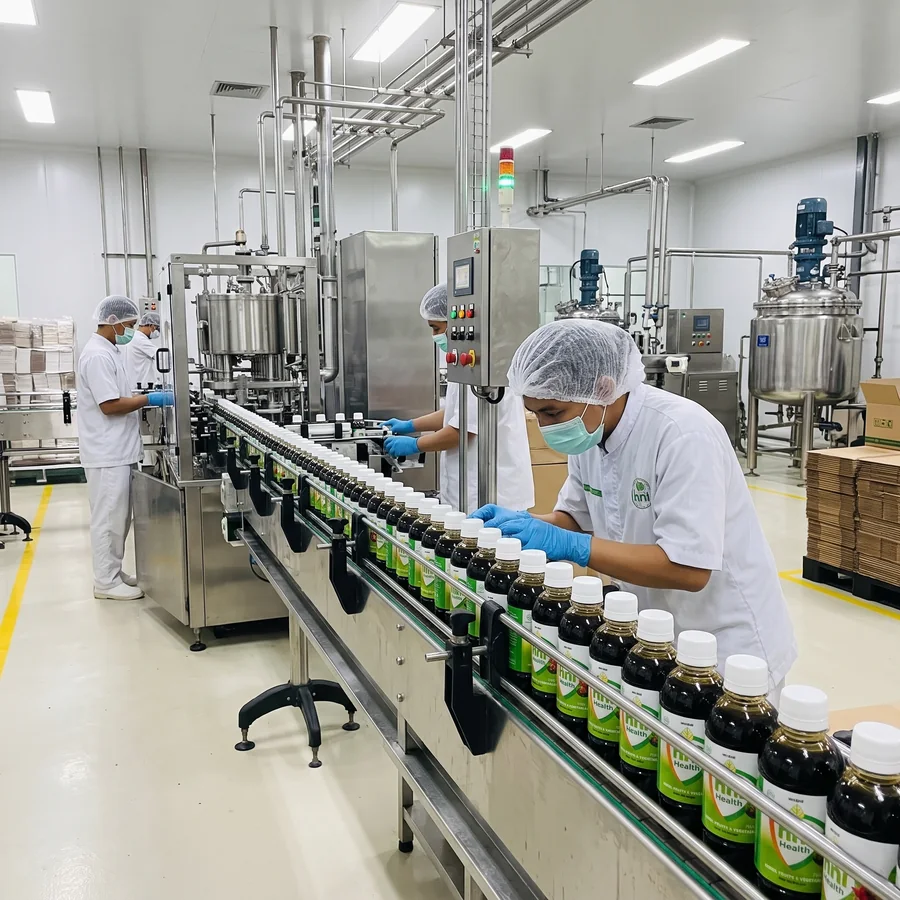 Ilustrasi lini pengisian botol di pabrik herbal
