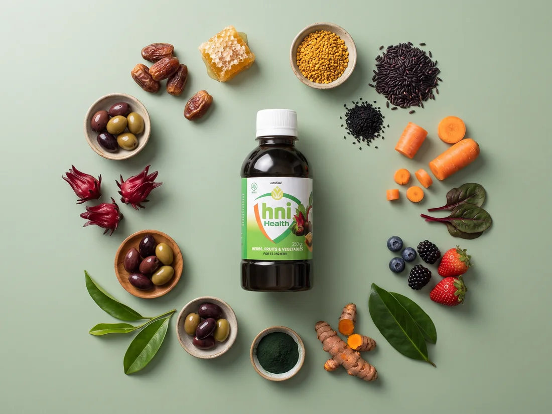 Botol HNI Health dikelilingi bahan-bahan alaminya