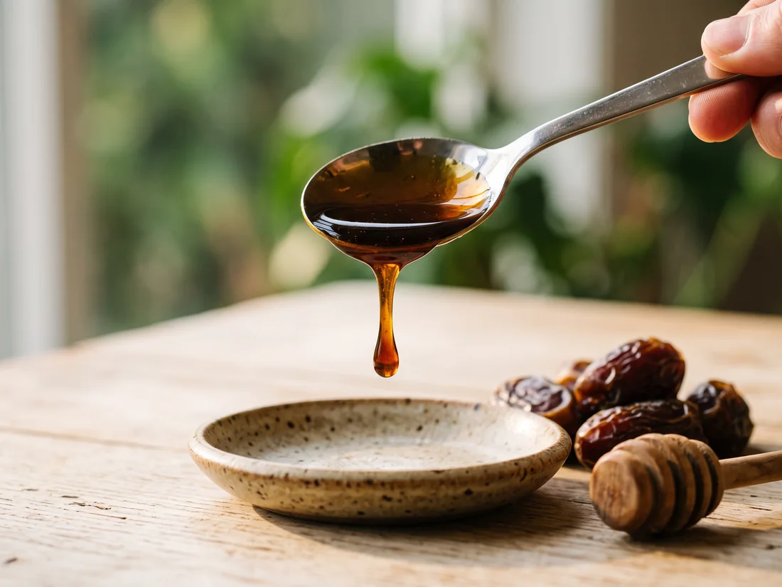 Sesendok sirup HNI Health berwarna cokelat keemasan