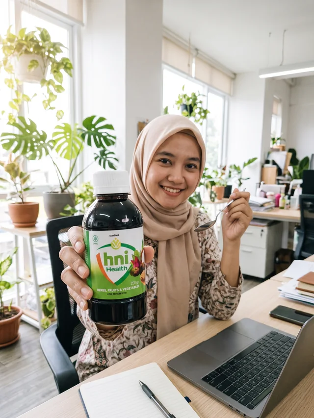 Ilustrasi pekerja kantor memamerkan HNI Health di meja kerja