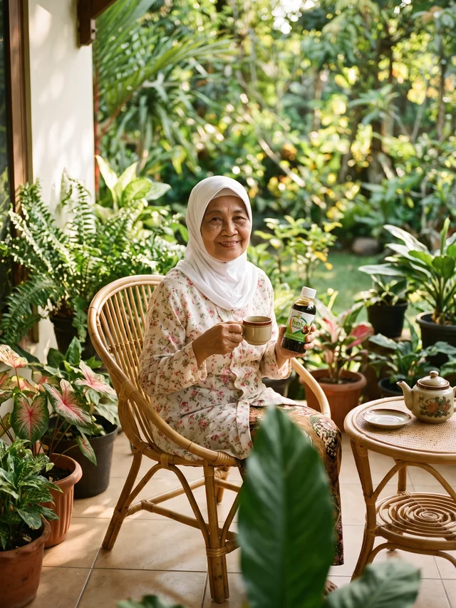 Ilustrasi nenek bersantai di teras dengan HNI Health